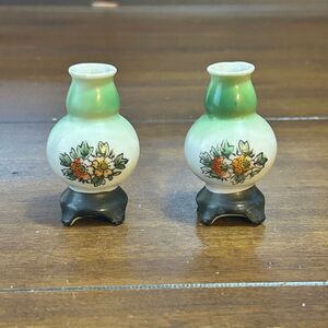 Pair Vintage Vase H KATO Miniature Footed Green Floral Occupied Japan Signed